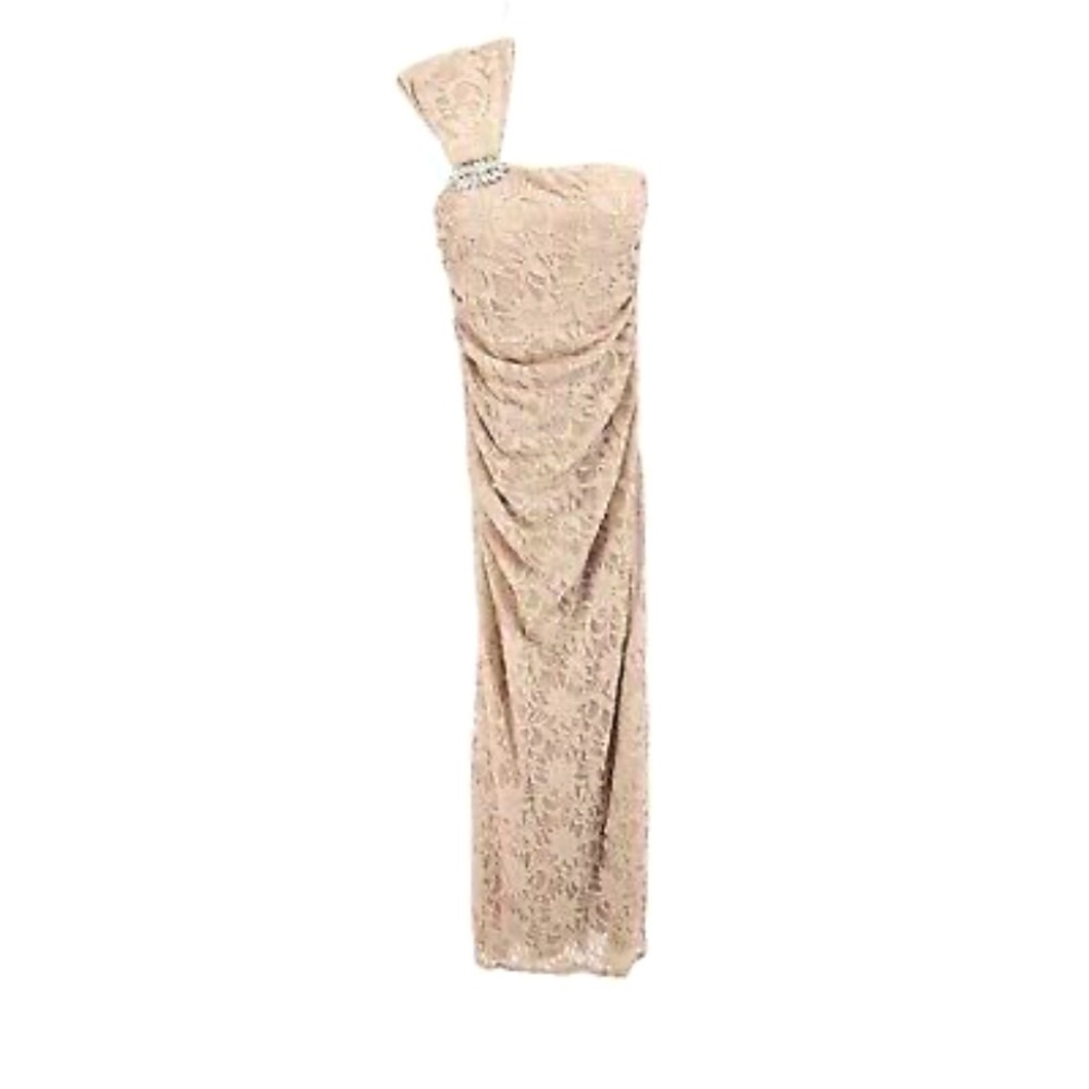 One Shoulder Tan Glitter Rhinestones Womens Formal Cocktail Lace Long Dress 6